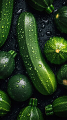 Fresh courgettes with water drops, close-up shot on black background. Generative AI.
