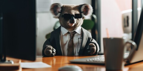 A koala boss in a suit and sunglasses sitting at a desk. AI generative image.