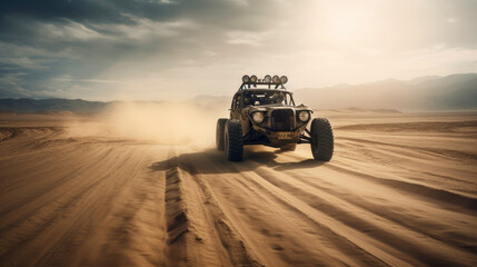 Fototapeta na wymiar Highly customized rusty buggy rushes through the desert. Generative AI