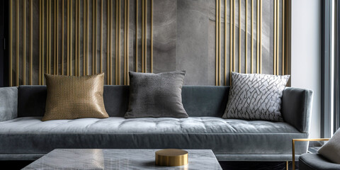 Black velvet sofa with patterned cushions near marble wall decorated with golden metal lines. Interior design of modern living room. Created with generative AI