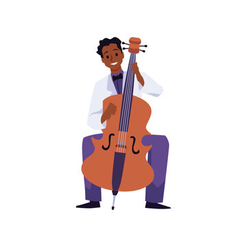African american man playing cello instrument, vector illustration isolated.