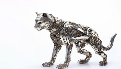 Metal robot cat, a futuristic take on domestic pets with sleek mechanics.