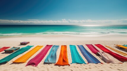 Sun, Sand, and Sea: A Colorful Collection of Beach Loungers and Towels, AI-Generated