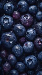 Fresh blueberry with water drops, close-up shot on black background. Generative AI.