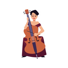 Sitting woman in evening gown plays cello flat style, vector illustration