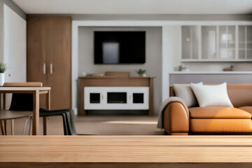 Table top with Blurred sofa Home interior decoration