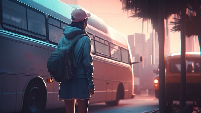 Girl near the bus, travel illustration (ai generate)
