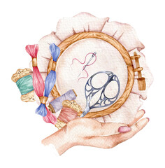 Embroidery logo. Embroidery Hoop. Vintage Needlework with florals. Watercolor illustration on white isolated background. Hobby. Homemade hobby. Embroidery, sewing. Tailor shop logo. 