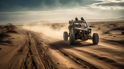 Fototapeta premium Highly customized rusty buggy rushes through the desert. Generative AI