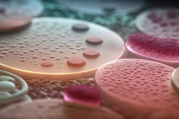 Obraz na płótnie Canvas Healthcare and medicine concept. Various and colorful virus or bacteria cells in a scientific laboratory petri dish. Close-up view. Generative AI