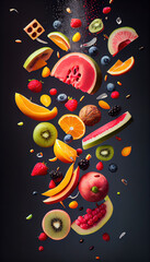 Fresh Falling Assorted Fruits on Foody Background AI Generative