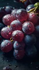 Fototapeta premium Fresh grapes with water drops, close-up shot on black background. Generative AI.