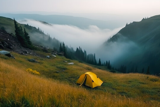 summer morning in the mountains in a tent, generative ai