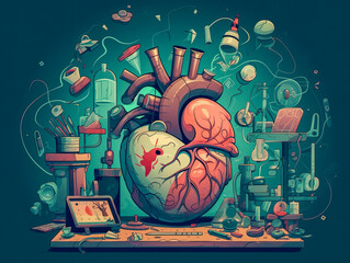 science of medicine and heart, cartoon style, generative ai