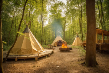 luxurius glampling with teepee camping tents a a wooden forest, generative ai