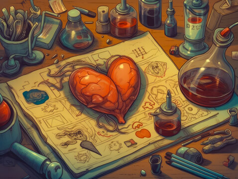 science of medicine and heart, cartoon style, generative ai