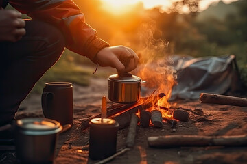 person sits near campfire an in summer time and pours itself coffee during the sunset . close up