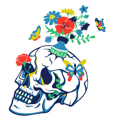 Skull and insulin bottle with flowers and blue butterflies. Dead Pancreas Society. Type 1 Diabetes. T1D Awareness. Transparent PNG