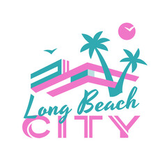 Obraz premium Long Beach Logo with palm trees. Miami vibe. 80’s retro style. Transparent PNG