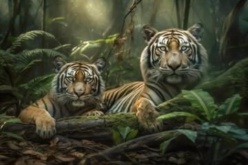 the tiger and cub lay in the forest, generative ai
