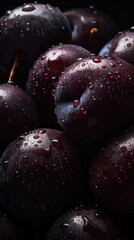 Fresh plums with water drops, close-up shot on black background. Generative AI.	