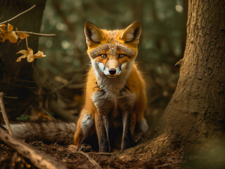 Naklejka premium a fox cub sits in a tree near a hill, generative ai