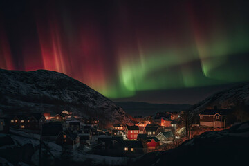 panorama of the city of the night with northern lights - made with generative ai