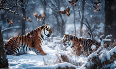 Obraz na płótnie Canvas two tigers in the snow while a birds flies away, generative ai
