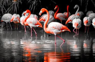 Fototapeta na wymiar a group of red flamingos and young flamingos are shown,
