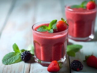 Strawberry smoothie in a glass on a wooden background.