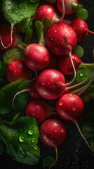 Fresh radish with water drops, close-up shot on black background. Generative AI.	