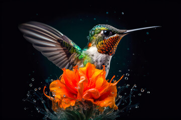 Plakat a humminbird watering itself on a flower, dark background, generative ai
