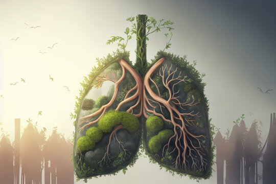 Human lungs made with tree and plant roots generated using AI - concept of Healthy lifestyle,   sustainable lifestyle and environmental.  