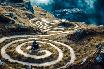 Fototapeta na wymiar motorcycle rides down a mountain laberynth, generative ai