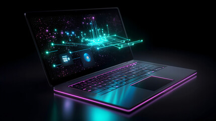 Futuristic digital glowing lines on laptop with purple lights 