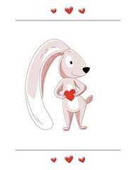 Greeting card with a cute beige bunny. A rabbit with big ears holds a heart in its paws. Postcard template for declaration of love, wishes, congratulations