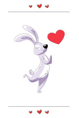 Greeting card with a cute lilac bunny. The rabbit stands on one paw, dreams of a heart. Bunny gives a heart. Postcard template for declaration of love, wishes, congratulations