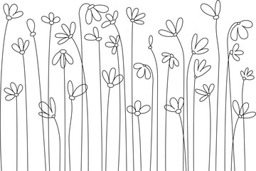 Vector linear background with a full bush of flowers. High and low flowers for registration of letters, postcards.