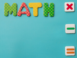Colorful fun math text on light blue background for childhood education 