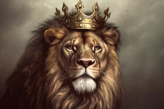 King Lion with golden crown. The majestic King of beasts with luxuriant mane. Head of Leo. Regal and powerful. Wild animal. Isolated on dark. 3d digital painting