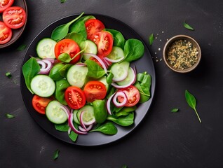 Fresh salad with tomatoes, cucumbers, spinach and red onion on black background. Top view.