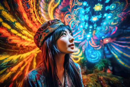 Asian woman having psychedelic experience on acid. Generative AI