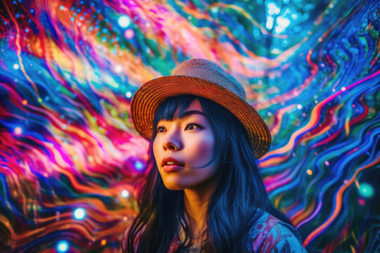 Asian woman having visual psychedelic experience on ayahuasca. Generative AI