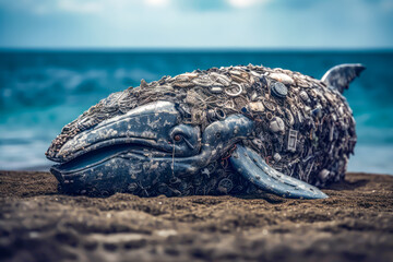 a whale made of garbage in the sand of the beach, generative ai