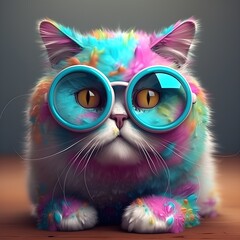 A cat with glasses and colorful beads on its head and headphones on its head. - 598400851
