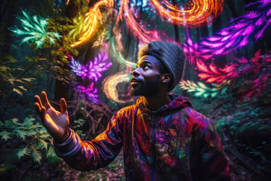 Black man having a psychedelic plant medicine journey in forest. Generative AI