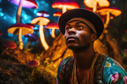 Black man having a trippy mushroom psychedelic experience in the forest. Generative AI