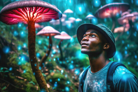Black man tripping on psychedelic mushrooms in the rain in forest. Generative AI