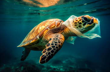 Fototapeta premium a turtle underwater with plastic bag in his nek, pollution of the seas, generative ai