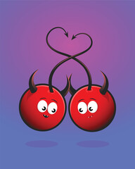 Cherries characters. Two cartoon devil cherries illustration.